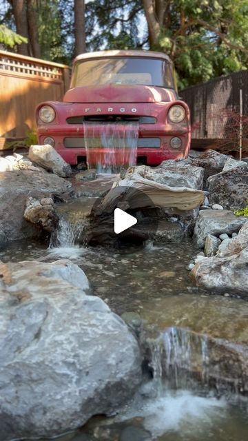 Truck Waterfall Pond, Pond Waterfall Spillway, Water Falls Backyard, Truck Fountain, Truck Waterfall, Garden With Water Feature, Front Yard Fountain, Outdoor Waterfall Fountain, Small Water Gardens