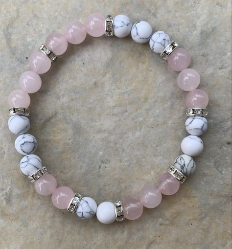 Rose Quartz White Howlite Bracelet | Beads bracelet design, Gemstone beaded bracelets, Beaded bracelets diy Crystal Bracelets Diy, Making Bracelets With Beads, Beaded Jewelry Bracelets, Diy Beaded Bracelets, Healing Gemstone Bracelets, Bracelet Inspo, Howlite Bracelet, Beaded Jewelry Necklaces, Stone Bracelets