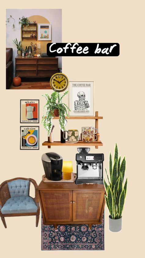 Boho Eclectic Interior, Eclectic Interior Design, 70s Boho, Boho Eclectic, Eclectic Interior, Coffee Bar, Mid Century, Interior Design, Bar