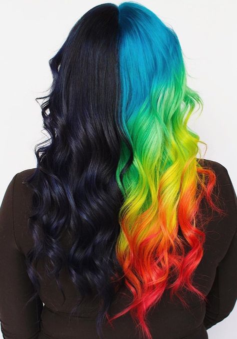 Half rainbow dyed hair @isabellerosehair Split Dye, Split Dyed Hair, Colored Hair, Hair Colorist, Dyed Hair, Denver, Curly Hair, Split, Dye