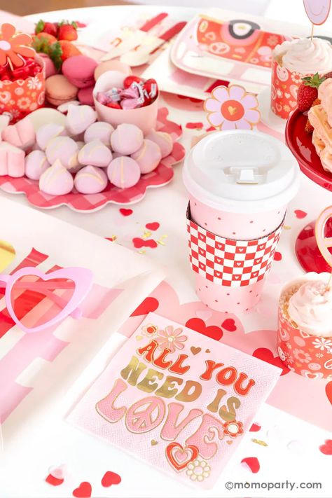 Throw the ultimate Valentine's Day bash with these groovy Valentine's Day party supplies from Momo Party. With a retro design, these tableware are perfect for a heartfelt table setting in red and pink, they'll make your retro-themed party the talk of the town. Check out momoparty.com for more Valentine's Day party supplies and decorating ideas! Occasions Bins, Groovy Valentines, Galentines Brunch, Paper Table Runner, Winter Birthday Parties, Love Party, Valentine's Day Party, Party Goods, Party Box