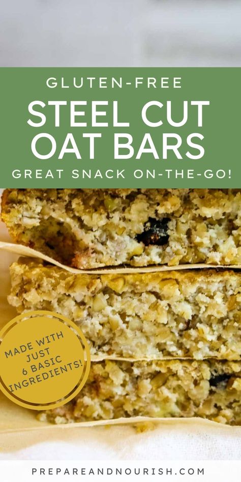 Start the day right with this healthy baked steel-cut oatmeal breakfast bars recipe. Made with just 6 main ingredients plus pantry staples, you can have healthy and hearty steel-cut oat bars that are an easy breakfast on the go on busy mornings or a satisfying snack mid-day. This baked steel-cut oatmeal recipe has the right amount of sweetness from bananas and can be easily customized with your favorite oatmeal toppings. Baked Steel Cut Oats Recipes, Steel Cut Oat Granola Bars, Steel Cut Oats Granola, Baked Steel Cut Oatmeal, Oatmeal Granola Bars, Gluten Free Cookies Easy, Oat Cookie Recipe, Steel Cut Oats Recipe, Oat Bar Recipes