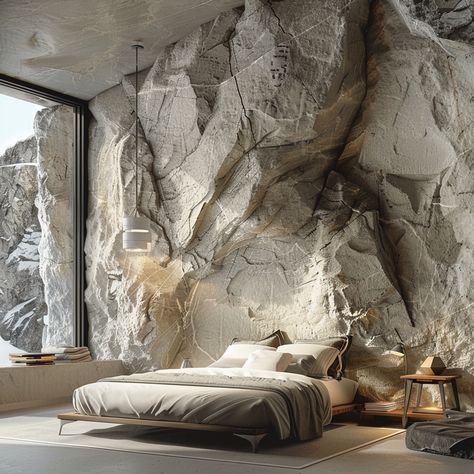 Rock Feature Wall Interiors, Rockwall Bedroom, Stone Wall Interior Design Modern, Rock Wall Interior, Stone Bedroom, Diy Stone Wall, Unique Bedroom Design, Fireplace Frame, Stone Accent Walls