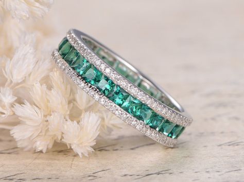 3.5ct Princess Cut Natural Green Emerald by kilarjewelry on Etsy Emerald Engagement Ring Green, Chanel Set, Finger Jewelry, May Birthstone Rings, Band Accessories, Ring Settings Types, Zirconia Rings, Emerald Engagement, Emerald Engagement Ring