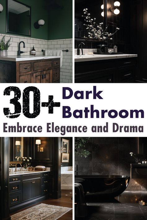 A collage of multiple Black Bathroom idea images with some text on top of them. Bolder Design, Small Dark Bathroom, Black Bathroom Ideas, Luxurious Lighting, Moody Bathroom, Dark Bathroom Ideas, Dark Interior Design, Dark Bathroom, Black Tub