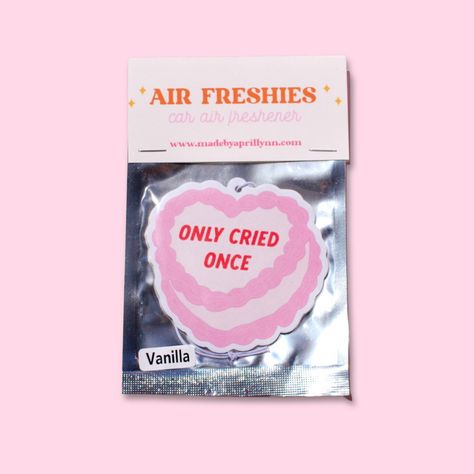 This car air freshener will leave your ride smelling so sweet, you'll only cry once (for joy!). Our Only Cried Once Air Freshener is both cutesy and sweet-smelling. Put it in your car for some freshness and to keep your car smelling great! Printed on both sides. Each freshener comes with an elastic string for easy hang Aesthetic Car Freshener, Aesthetic Car Air Freshener, Custom Air Freshener, Cute Air Freshener For Car, Car Air Freshener Aesthetic, Car Air Freshner, Preppy Car Accessories, Funny Jump, Preppy Car