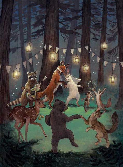 Woodland Wedding – Save the Date Illustration  by Rebecca Solow Save The Date Illustrations, Animals Playing, Dancing Animals, 동화 삽화, Art Mignon, Fairytale Art, Art Et Illustration, Arte Animal, Arte Fantasy