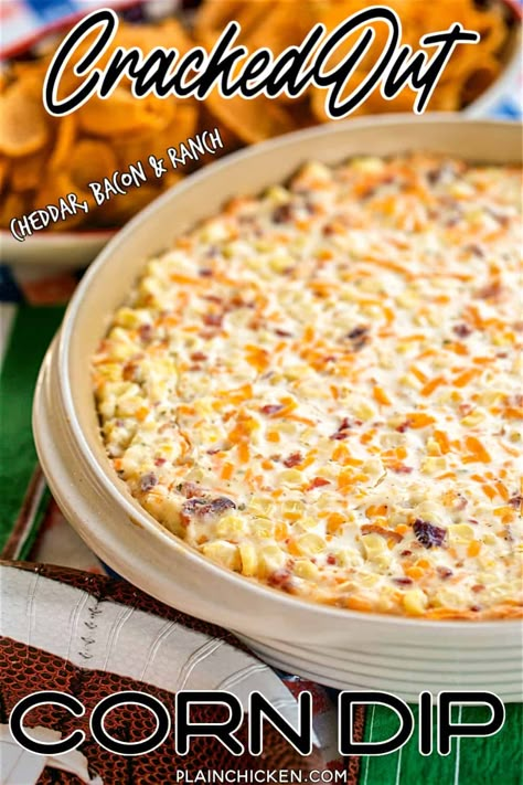 Cracked Out Corn Dip, Corn Cream Cheese, Corn Dip Recipe, Bacon Ranch Dip, Corn Cream, Cracked Out, Baked Dips, Corn Dip Recipes, Baked Corn