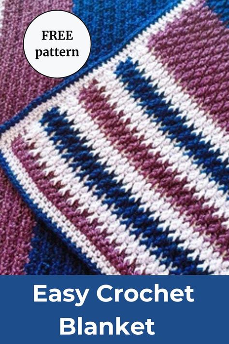 Crochet striped blanket with the corner turned over Stripe Crochet Blanket Pattern, Easy Crochet Blankets Free, Alpine Stitch Crochet, Stripe Crochet Blanket, Crochet Blanket Free Pattern, Easy Crochet Blanket Pattern, Alpine Stitch, Striped Crochet Blanket, Stripe Crochet