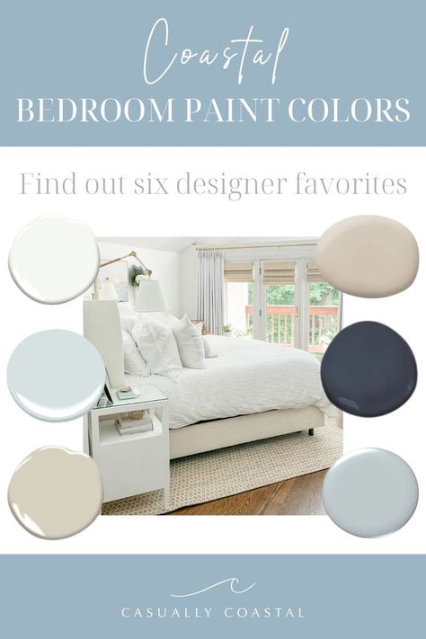 Don't paint a single wall without reading this post first! These are the best paint colors to create the calm, coastal bedroom you're looking for! One of my favorite ways to change the color of a space on a budget is pant. It can just change SO much. I'm speaking from first hand experience - we just recently painted our primary bedroom (pictures shortly!) and Coastal Bedroom Paint, Coastal Bedroom Paint Colors, Grey Coastal Living Rooms, Beach House Paint Colors, Coastal Blue Paint, Light Blue Grey Paint, Coastal Guest Bedroom, Blue Bedroom Paint, Calm Coastal