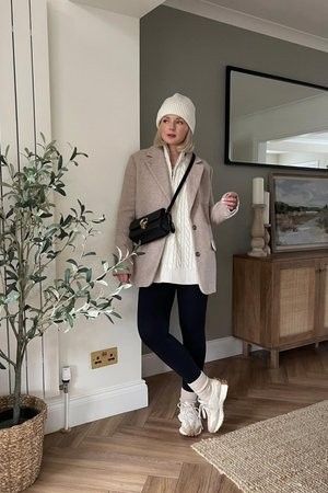 New Balance Socks Outfit, Cream Trainers Outfit, Adanola Leggings Outfit, Cream Wool Blazer Outfit, Leggings And Jumper Outfit, Laura Byrnes Instagram, Jumper And Leggings Outfits, Coach Sneakers Outfit, Beige Knit Dress Outfit