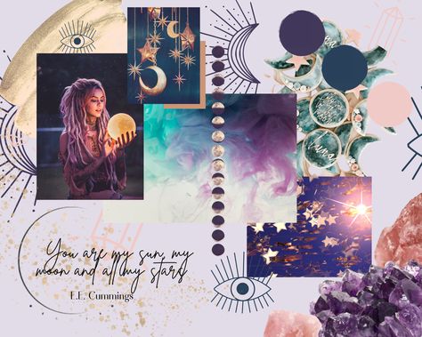 Universe Moodboard, Mandala Mood Board, Astrology Moodboard, Galaxy Theme Mood Board, Blue Moon Mood Board, Fashion Dream Job, Concept Board, Fashion Design Portfolio, New Romantics