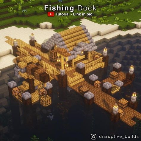 Minecraft Docks Design, Minecraft Dock Tutorial, Fishing Docks Minecraft, Docks Minecraft Ideas, Minecraft Building Ideas Fishing Dock, Cute Minecraft Fishing Dock, Fishing Port Minecraft, Fishing Minecraft Ideas, Fishing Dock Minecraft Ideas