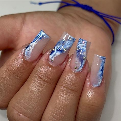 Almond Acrylic Nails Designs, Oval Nails Designs, Blue Gel Nails, Blue Acrylic Nails, Beige Nails, Nails Now, Nails Design With Rhinestones, Summery Nails, Unique Acrylic Nails