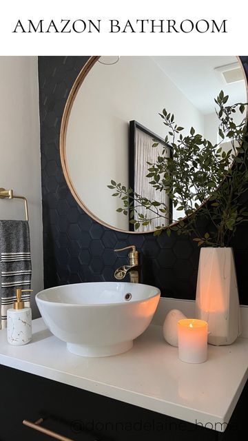 Hand Towel Powder Room, Black Tile Powder Room, Powder Room With Toilet Next To Sink, Two Piece Bathroom Ideas Powder Rooms, Marble Powder Room Ideas, Gold And Black Half Bath, Black White And Gold Powder Room, Powder Room Ideas Black, Black And Gold Bathrooms