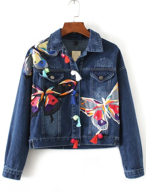 Butterfly denim jacket Jean Diy, Embroidery Jacket, Patch Jacket, Hand Painted Denim Jacket, Moda Denim, Denim Embroidery, Denim Art, Painted Denim Jacket, Long Sleeve Denim Jacket