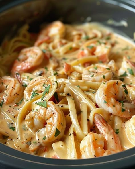 My hubby asks me to make this for him all the time! Crock Pot Recipes Shrimp, Seafood Pasta Crockpot, Slow Cooker Garlic Shrimp Pasta, Crockpot Recipes Seafood, Large Shrimp Recipes Dinners, Shrimp Slow Cooker Recipes, Shrimp Scampi Pasta Bake, Recipe With Cooked Shrimp, Shrimp In Crockpot