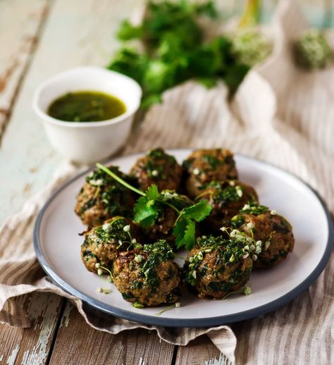 Baked Chimichurri Meatballs Italian Style Meatballs, Chicken Parmesan Meatballs, Greek Meatballs, Chimichurri Recipe, Parmesan Meatballs, Chimichurri Sauce, Yogurt Sauce, Swiss Chard, Chicken Parmesan