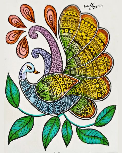 Peacock Mandala Art Easy, Simple Madhubani Designs, Mandala Peacock Design, Peacock Mandala Art, Peacock Mandala, Peacock Drawing, Gond Art, Easy Mandala, Easy Mandala Drawing