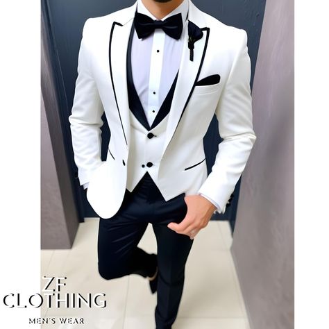 Black And White Suits For Men, Groom Suits For Wedding White, Black And White Suit For Men, White Wedding Tuxedo For Groom, White Wedding Suits For Men, Black 3 Piece Suit, Black Groomsmen Suits, White Tuxedo Wedding, Mens White Suit