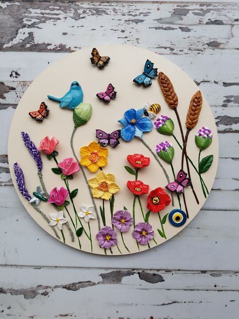 Buy Sculpture Colorful Flowers Round Wall Panel / 3D Wall Art With Online in India - Etsy Clay Crafts Wall Hanging, Floral Clay Art, Wall Hanging Clay Art, Clay Work Ideas, Clay Art On Canvas, Clay Wall Hangings, Polymer Clay Wall Art, Sculpture Colorful, Glass Painting Patterns