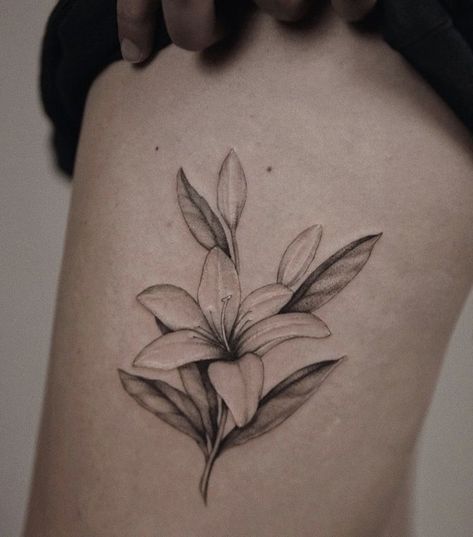 Closed Lily Tattoo, Black And Grey Lily Tattoo, Realism Lily Tattoo, Daylillies Tattoos, Lily Arm Tattoo For Women, Single Lily Tattoo, Stargazing Lily Tattoo, Black And White Lily Tattoo, Lily Tattoo Thigh