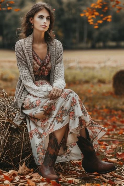 Cute Cowboy Boot Outfits, Long Dress With Cowboy Boots, Cowboy Boots Outfit Fall, Country Wedding Outfit, Fall Couple Outfits, Western Boot Outfit, Boho Fall Outfits, Cowboy Boot Outfits, Ladies Outfits