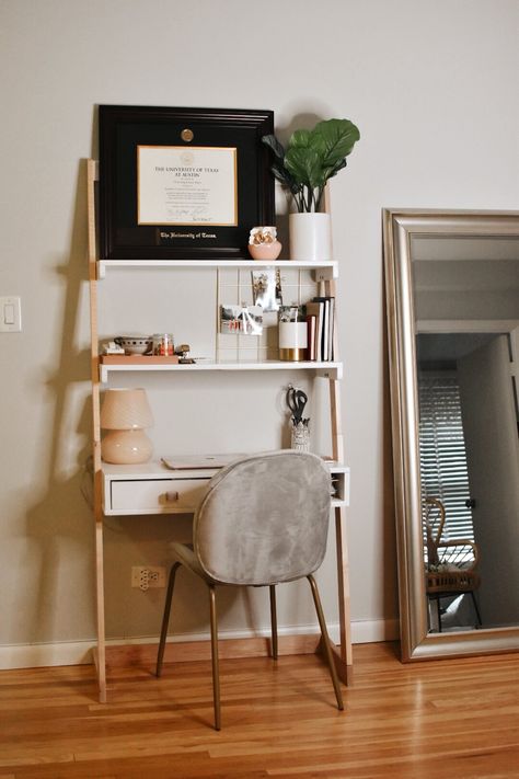 Small Apartment Study Area, Ladder Desk Office, Small Ladder Desk, Leaning Desk Small Spaces, Ladder Desk Living Room, Ladder Desk Vanity, Ladder Desk Ideas, Desk For Apartment, Desk Alternatives Small Spaces