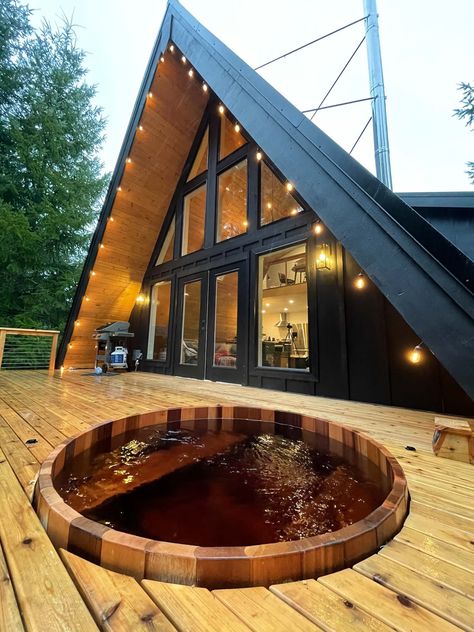 A Frame Cabin Plans, Cedar Hot Tub, A Frame Cabins, Small Community, A Frame House Plans, Mt Rainier, A Frame Cabin, Open Living Room, A Frame House