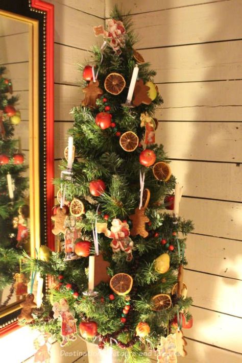 Victorian era Christmas tree with candles and dried fruit decorations Christmas Tree With Dried Fruit, Dried Fruit Christmas Tree, Dried Fruit Decorations, Victorian Era Christmas, Tree With Candles, History Of Christmas, Victorian Christmas Tree, Fruit Christmas Tree, Fruit Candles