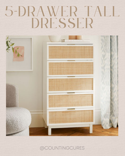 If you're looking for a dresser that fits in tight spaces, get this chic, white-toned dresser that will absolutely elevate your bedroom! #bedroomfurniture #homeupgrade #minimalistinspo #neutralaesthetic  Click the link to shop! Neutral Dresser, Tall Dresser, Coastal Design, Chalk White, Design Bedroom, Style Spring, Poplar Wood, Bedroom Inspo, Minimalist Style