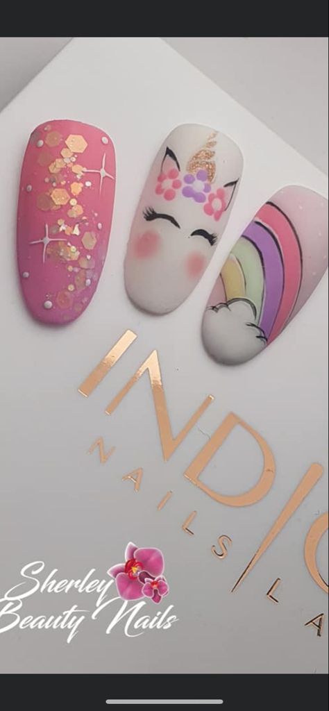 Unicorn Birthday Nails, Unicorn Nail Art Design, Unicorn Nails Designs, Cartoon Nail Designs, Unicorn Nail Art, Pedicure Colors, Gel Paint, Unicorn Drawing, Ongles Nails