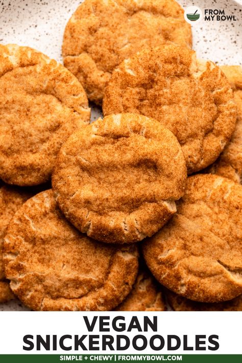 These Vegan Snickerdoodles are perfectly puffy, soft, and slightly chewy. All you need is 10 simple ingredients and 20 minutes to make. No chilling required! Vegan Snickerdoodle Cookies, Vegan Snickerdoodles, Vegan Chocolate Chip Cookies, Snickerdoodle Cookies, Snickerdoodle Cookie Recipes, Peppermint Cookies, Vegan Christmas, Vegan Kitchen, Classic Cookies