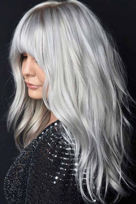 Long Layered Haircut: 31 Pics that Will Make You Want Layers | Glaminati Long Layered Haircut, Grey Hair With Bangs, Long Silver Hair, Silver White Hair, Silver Haired Beauties, Hair Layers, Grey Hair Transformation, Haircut Styles For Women, Gorgeous Gray Hair