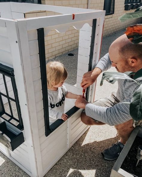 A mum turned her Kmart cubby house into a 'luxe farm house'. Here's how. Cubby Interior, Kmart Cubby House, Kmart Cubby, Kids Cubby, Kids Cubby Houses, Black Wire Basket, Kids Cubbies, Wooden Cubby, Cubby House