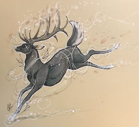 Deer Jumping Drawing, Leaping Deer Tattoo, Deer Running Drawing, Deer With Wings, Elk Illustration, Stag Illustration, Running Drawing, Creepy Animals, Deer Drawing