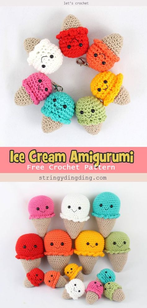 Amigurumi Free Pattern Ice Cream, Keyring Crochet Pattern, Amigurumi Crochet Keychain Free Pattern, Free Ice Cream Crochet Pattern, Fast Crochet Amigurumi Patterns, Small Food Crochet Pattern, Crochet Ice Lolly Free Pattern, Ice Cream Amigurumi Free Pattern, Easy Crochet Monster Pattern Free