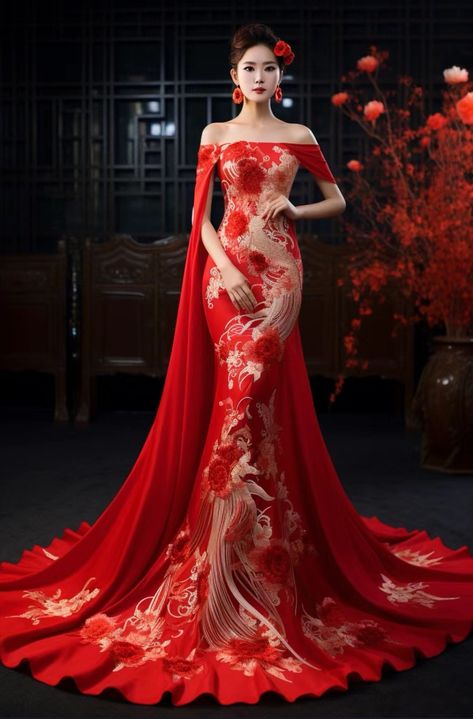 Prom Dresses Chinese, Chinese Style Wedding Dress, Modern Chinese Wedding Dress, Chinese Prom Dress, Asian Attire, Asian Princess, Chinese Gown, Chinese Wedding Dress Traditional, Chinese Fancy Dress