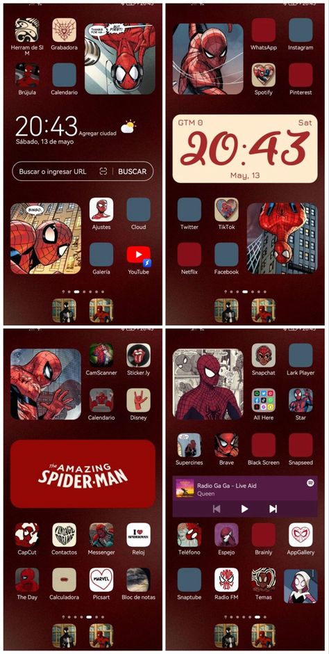 Spiderman Phone Aesthetic, Spiderman Homescreen Icons, Spiderverse Homescreen Layout, Spider Punk Homescreen, Phone Themes Spiderman, Spider Man Themed Phone Layout, Spiderman Homescreen Ideas, Homescreen Layout Spiderman, Spiderman Homescreen Wallpaper