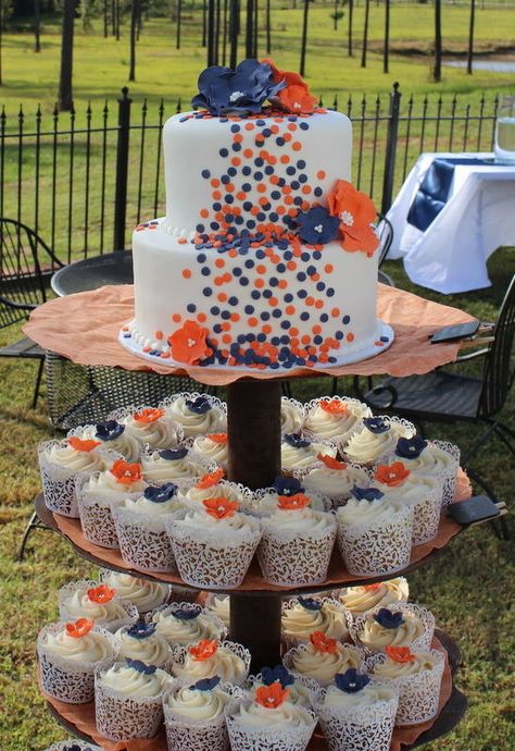 Orange and Navy Brides Cake with Cupcakes - Cake by KatesBakes Blue And Orange Cake, Auburn Cake, Blue Wedding Cupcakes, Bride Cupcakes, Navy Blue Wedding Cakes, Orange Wedding Cake, Wedding Cake Navy, Orange Cupcakes, Brides Cake