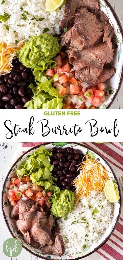 This Steak Burrito Bowl recipe is better than Chipotle and so easy to make. Just grill the flank steak and combine with your favorite toppings! Easy Weeknight Dinners Healthy Gluten Free, Healthy Meats To Cook For Dinner, Dinner Recipes With Lettuce, Healthy Beef Burrito Bowl, Healthy Summer Dinner Recipes Steak, Clean Dinners For Two, Healthy Carne Asada Bowl, Steak Fajita Rice Bowl, Gluten Free Bowls Easy Recipes