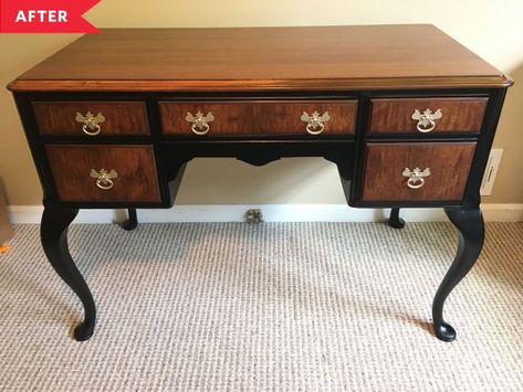 Repurposed Secretary Desk, Basement Craft Room Ideas, Desk Refurbish, Craftsman Beach House, Queen Anne Desk, Basement Craft Room, Vintage Dresser Makeover, Queen Anne Furniture, Vintage Writing Desk