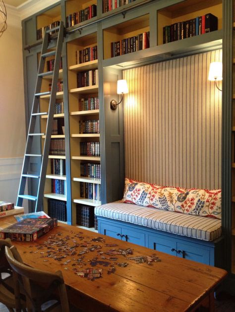 Built-in bookshelves create cozy reading nook seating for your home. Ladder Bookshelves, Library Ladder, Library Room, Home Library Design, A Ladder, Home Libraries, Built In Bookcase, Home Library, Reading Nook