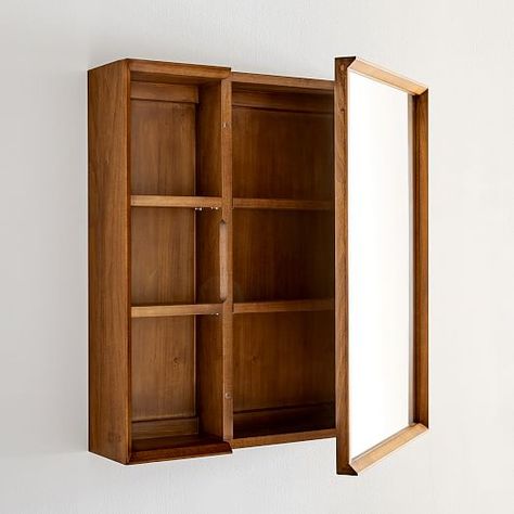 Mid-Century Medicine Cabinet w/ Shelves Wooden Bathroom Cabinet, Small Bathroom Mirror Cabinet, Medicine Cabinet Mirror Bathroom, Cabinet Mirror Bathroom, Mirror Wall Cabinet, Bathroom Medicine Cabinets, Bathroom Main, Storage Organization Ideas, Small Bathroom Cabinets