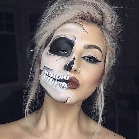 @rebelrayne Half Skull Face Makeup, Colorful Halloween Makeup, Skull Face Makeup, Teacher Halloween Costumes, New Years Eve Makeup, Cute Halloween Makeup, Skeleton Makeup, Halloween Makeup Ideas, Amazing Halloween Makeup