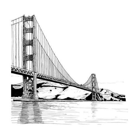 Golden Bridge San Francisco, Golden Gate Bridge Drawing, Bridge Tattoo, City Black And White, Bridge Drawing, Black And White Drawings, A Level Art Sketchbook, Doodle Art Drawing, City Drawing