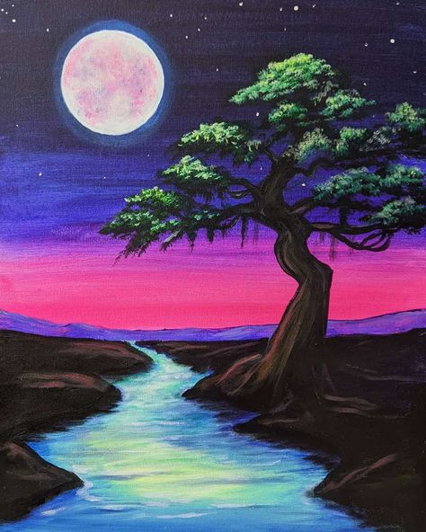 The amethyst sky Over an emerald stream A scene that bedazzles ike a Jewel toned dream. Sunset Landscape Painting Acrylic, Night View Painting Easy, Sky And Tree Painting, Landscape With Trees Painting, Diy Sip And Paint Canvas Ideas, Sip N Paint Ideas, Easy Sip And Paint Ideas Step By Step, Paint And Sip Ideas Step By Step, Paint Night Ideas Step By Step