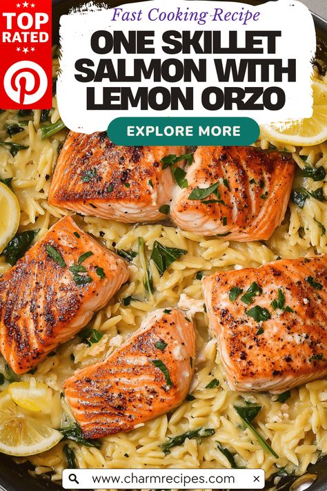 One Skillet Salmon with Lemon Orzo Creamy Lemon Orzo Salmon, Salmon Orzo Recipe, Salmon Orzo, Easy Weeknight Dinners Healthy, Orzo Dishes, Creamy Orzo, Mediterranean Salmon, Salmon With Lemon, Olive Sauce