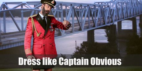 Dress like Captain Obvious (Hotels.com) Costume Captain Obvious, Grey Beards, Costume For Halloween, Yellow Trim, Full Beard, Well Decor, Red Coat, Black Loafers, Black Cap