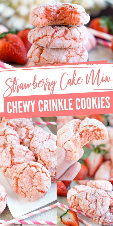 Strawberry Cake Mix Crinkle Cookies! Chewy Strawberry Crinkle Cookies are perfect for Spring and Summer! Make these for Valentine's Day or any holiday - light, chewy, and so good! The best crinkle cookies in only a few minutes! #lemonpeony #strawberrycookies #crinklecookies #summercookies Strawberry Crinkle Cookies Recipe, Crinkle Cookies Recipe Cake Mixes, Strawberry Crinkle Cookies, Crinkle Cookies Cake Mix, Strawberry Cake Cookies, Cracked Cookies, Strawberry Cake Mix Cookies, Crackle Cookies, Cookies Light